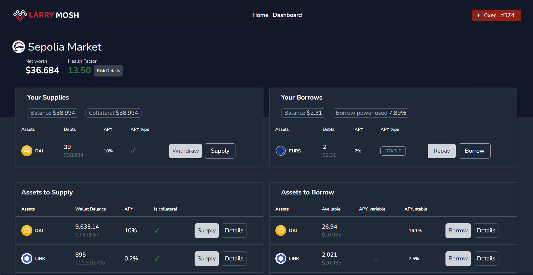 Defi Lending And Borrowing  project screenshot